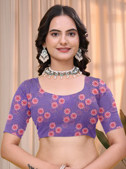 Purple Linen Cotton Floral Printed Saree with Blouse for Women