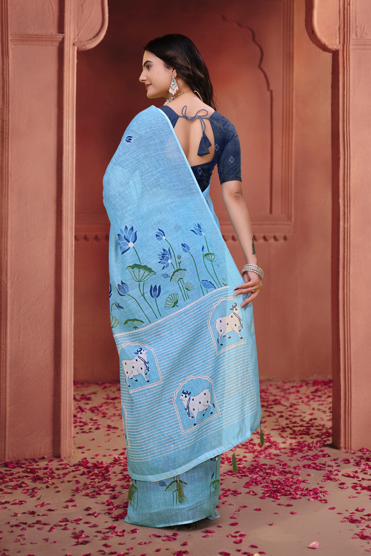 Sky Blue Linen Cotton Floral Sarees with Printed Cow Motifs for Women