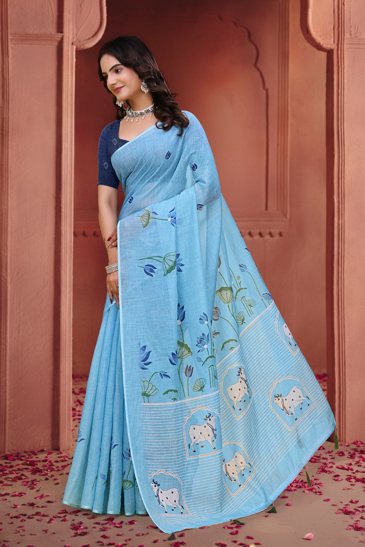 Sky Blue Linen Cotton Floral Sarees with Printed Cow Motifs for Women