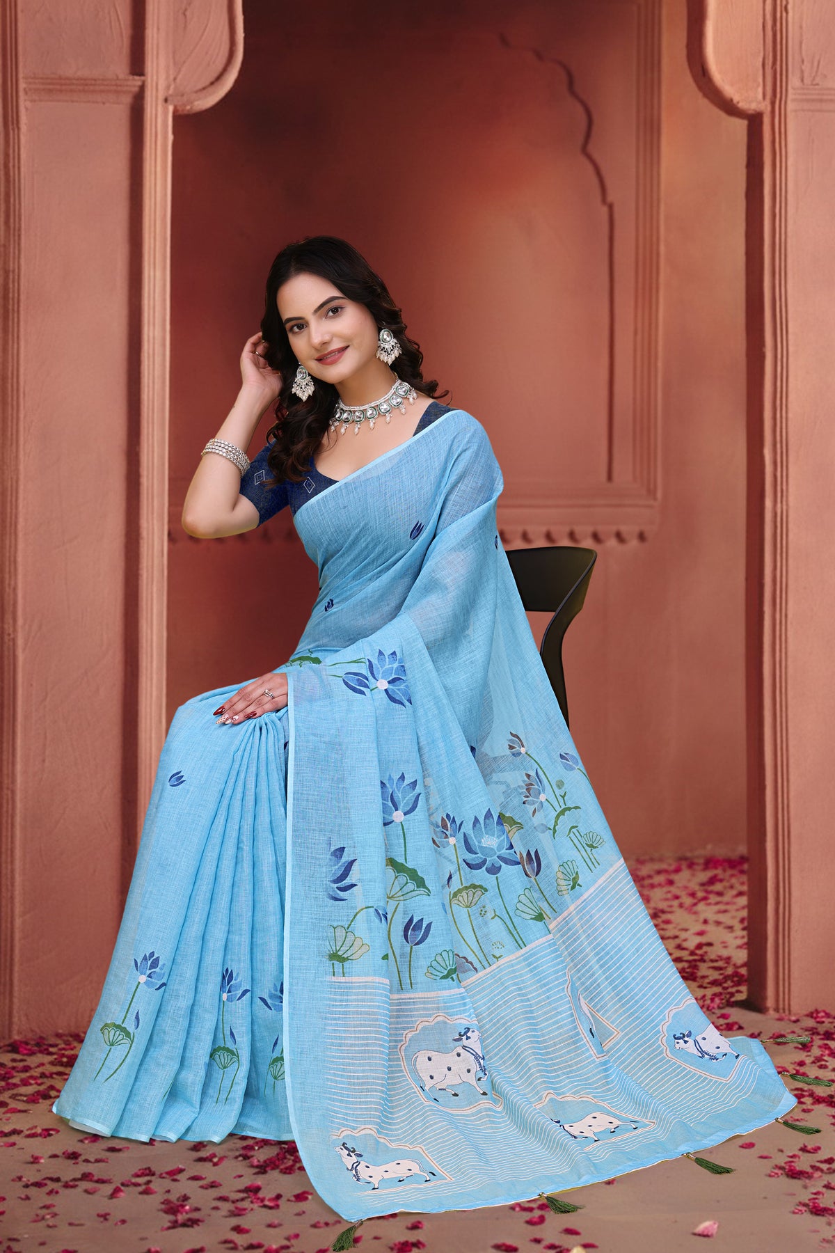 Sky Blue Linen Cotton Floral Sarees with Printed Cow Motifs for Women