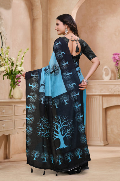 Black-Blue Linen Cotton Tree Motif Printed Saree for Women