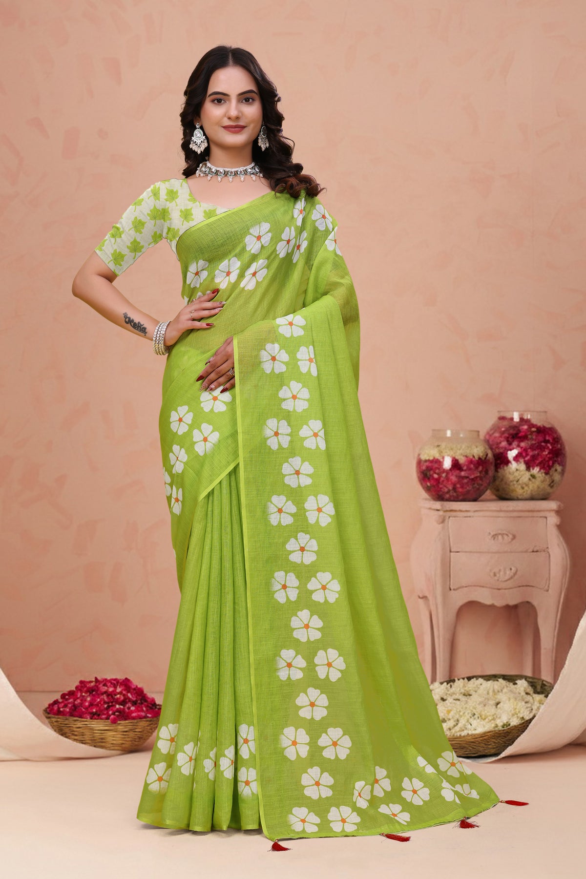Green Floral Print Linen Cotton Saree with Tassel Detailing for Women