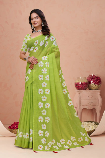 Green Floral Print Linen Cotton Saree with Tassel Detailing for Women