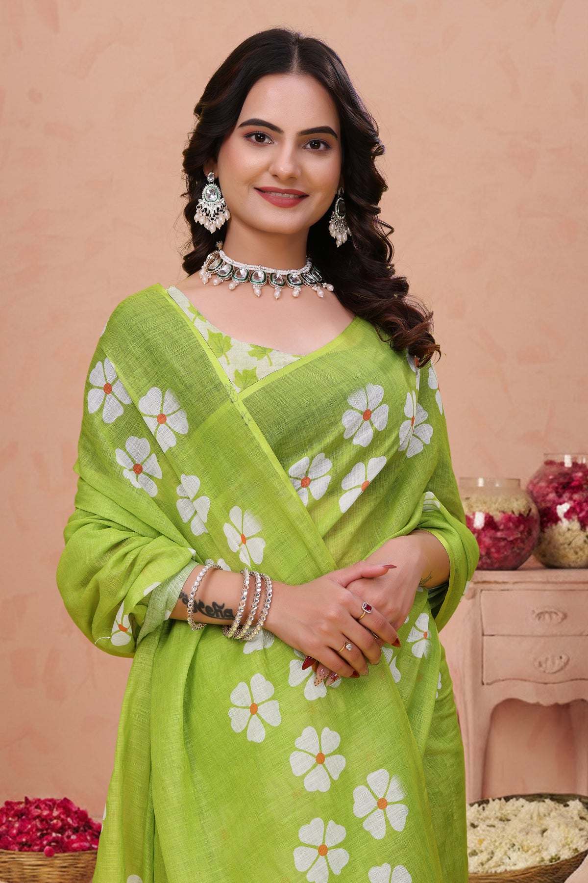 Green Floral Print Linen Cotton Saree with Tassel Detailing for Women