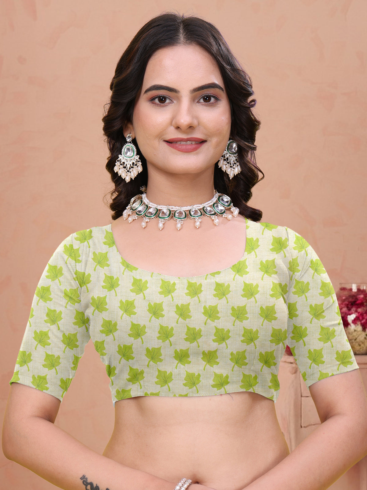 Green Floral Print Linen Cotton Saree with Tassel Detailing for Women