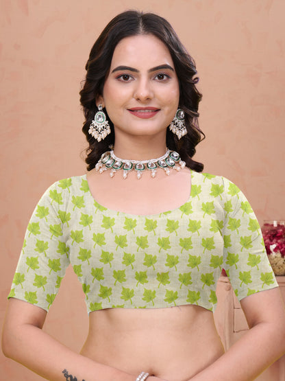 Green Floral Print Linen Cotton Saree with Tassel Detailing for Women