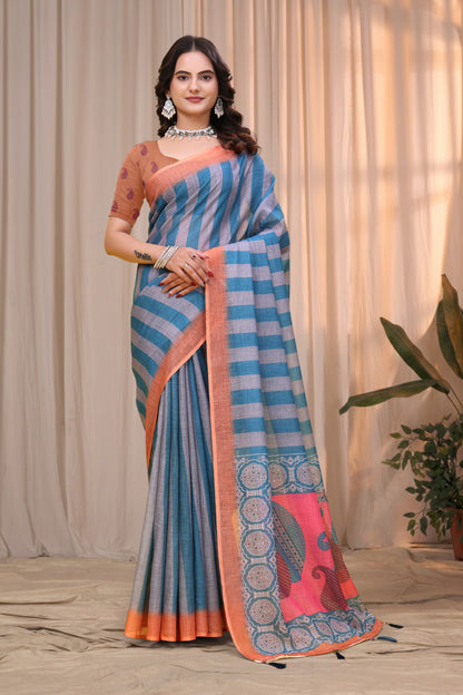 Blue Teal Linen Cotton Saree with Striped Printed Pallu for Women