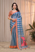 Blue Teal Linen Cotton Saree with Striped Printed Pallu for Women