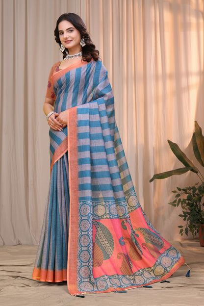 Blue Teal Linen Cotton Saree with Striped Printed Pallu for Women