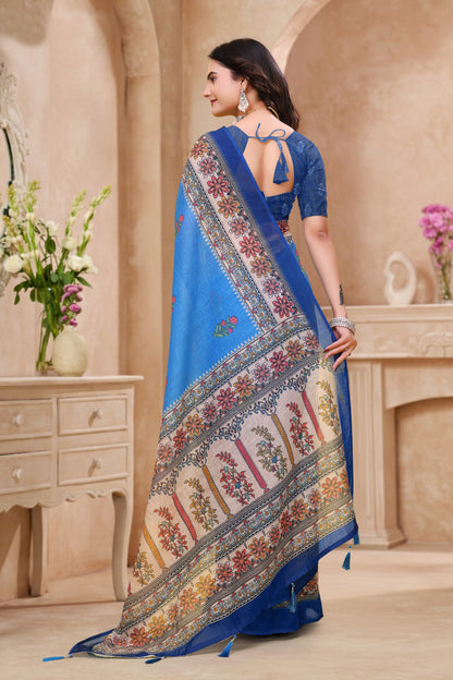 Royal Blue Linen Cotton Saree with Floral Printed Border for Women
