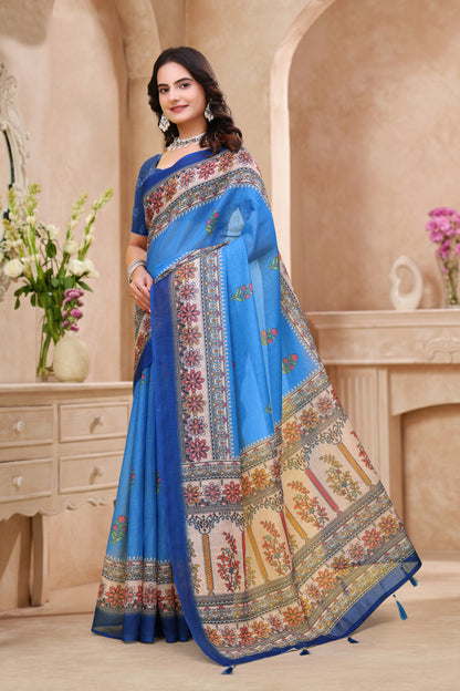 Royal Blue Linen Cotton Saree with Floral Printed Border for Women