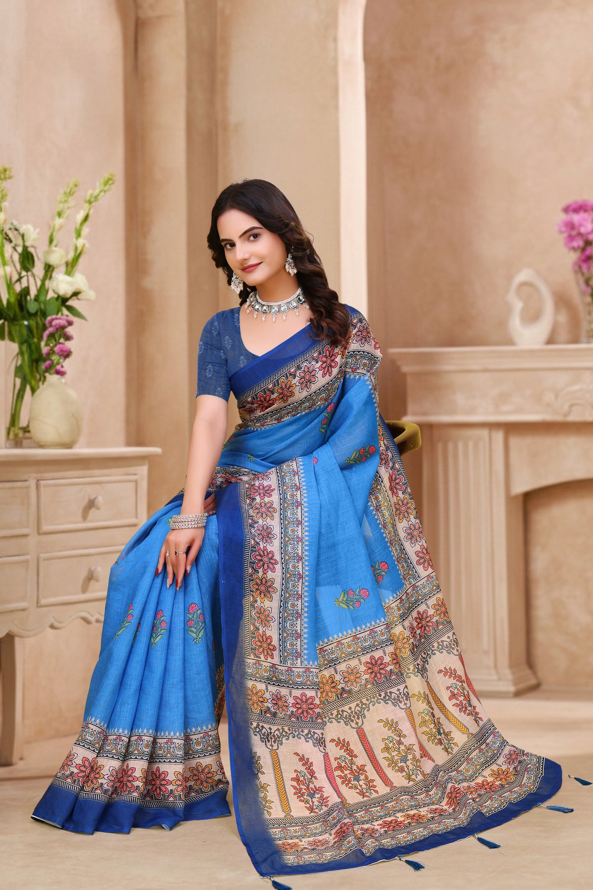 Royal Blue Linen Cotton Saree with Floral Printed Border for Women
