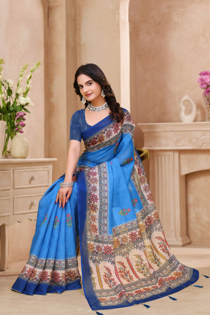 Royal Blue Linen Cotton Saree with Floral Printed Border for Women