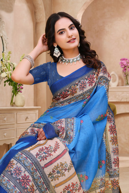 Royal Blue Linen Cotton Saree with Floral Printed Border for Women