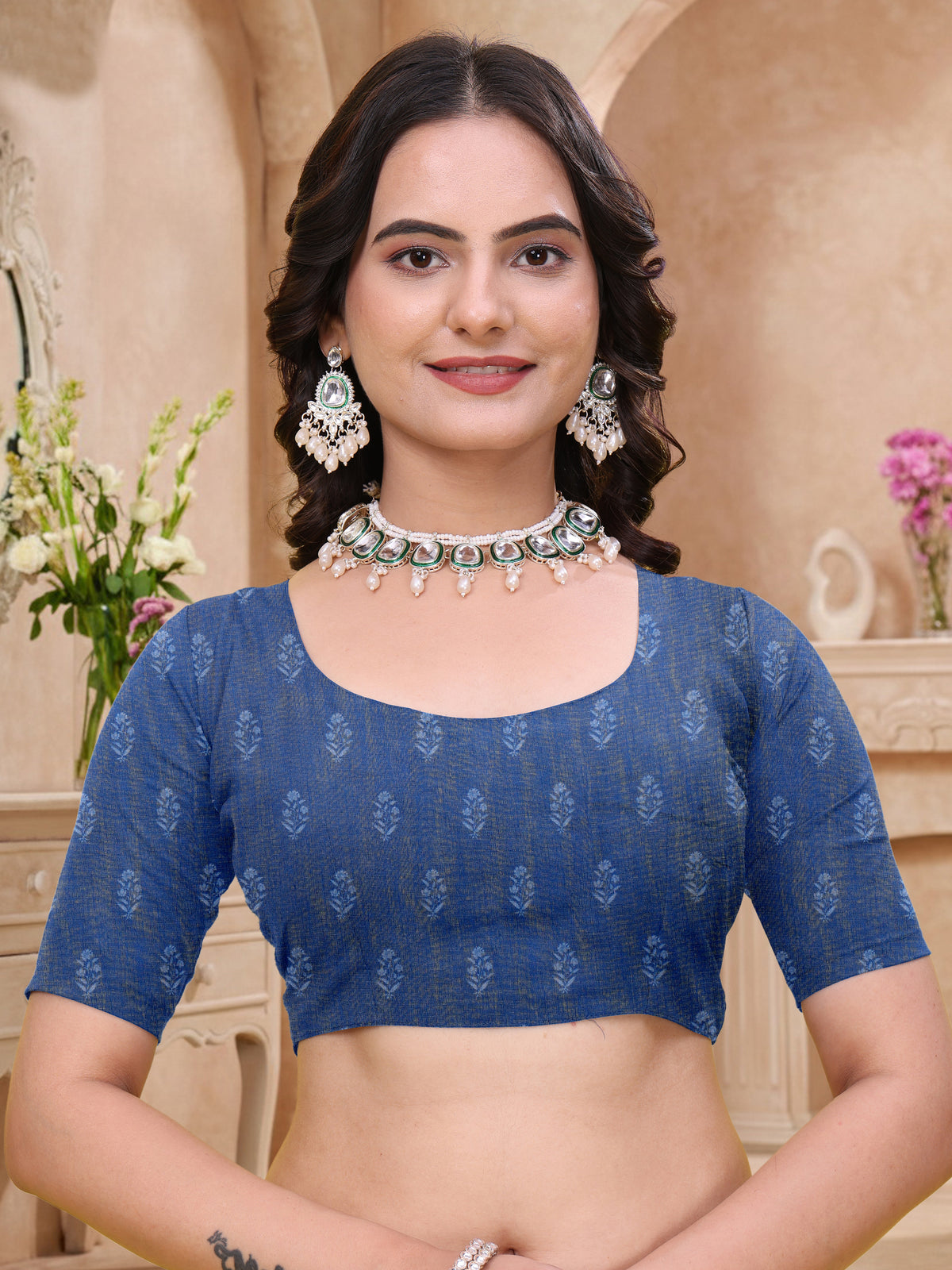 Royal Blue Linen Cotton Saree with Floral Printed Border for Women