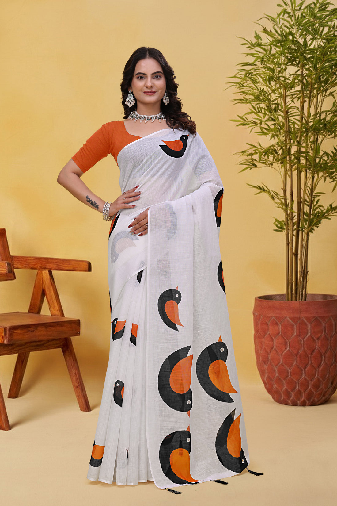 White Linen Cotton Saree with Bird Motifs and Orange Border for Women