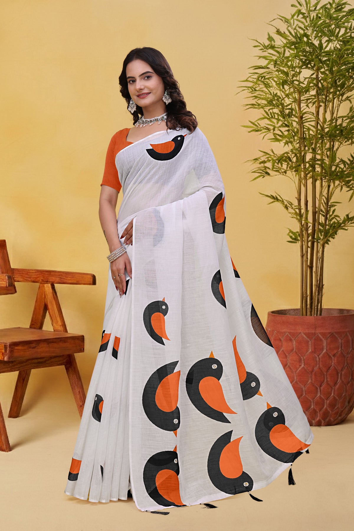 White Linen Cotton Saree with Bird Motifs and Orange Border for Women