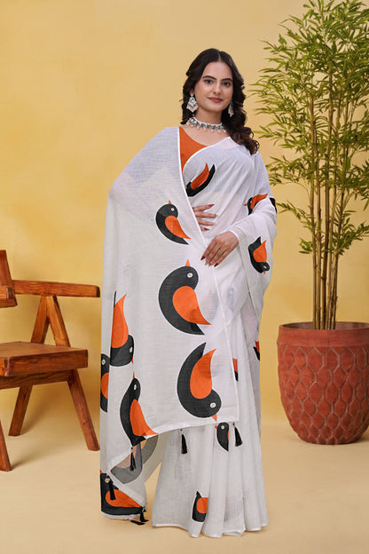White Linen Cotton Saree with Bird Motifs and Orange Border for Women