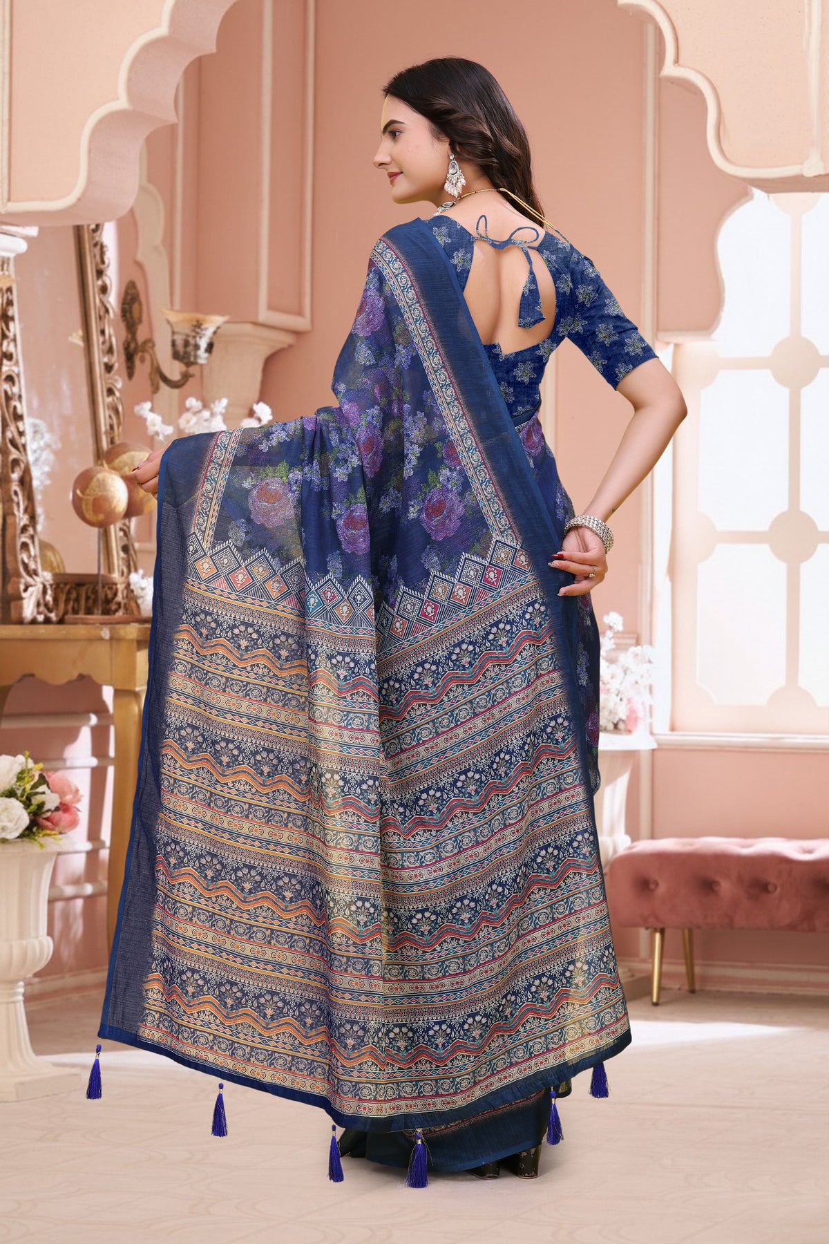 Navy Blue Floral Printed Linen Cotton Saree for Festive for Women