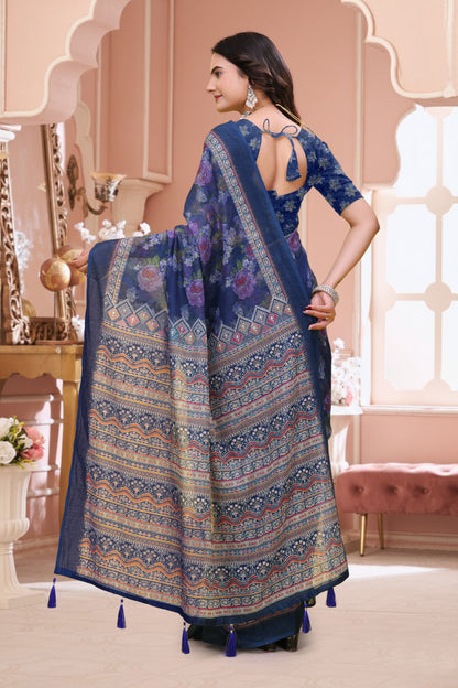 Navy Blue Floral Printed Linen Cotton Saree for Festive for Women