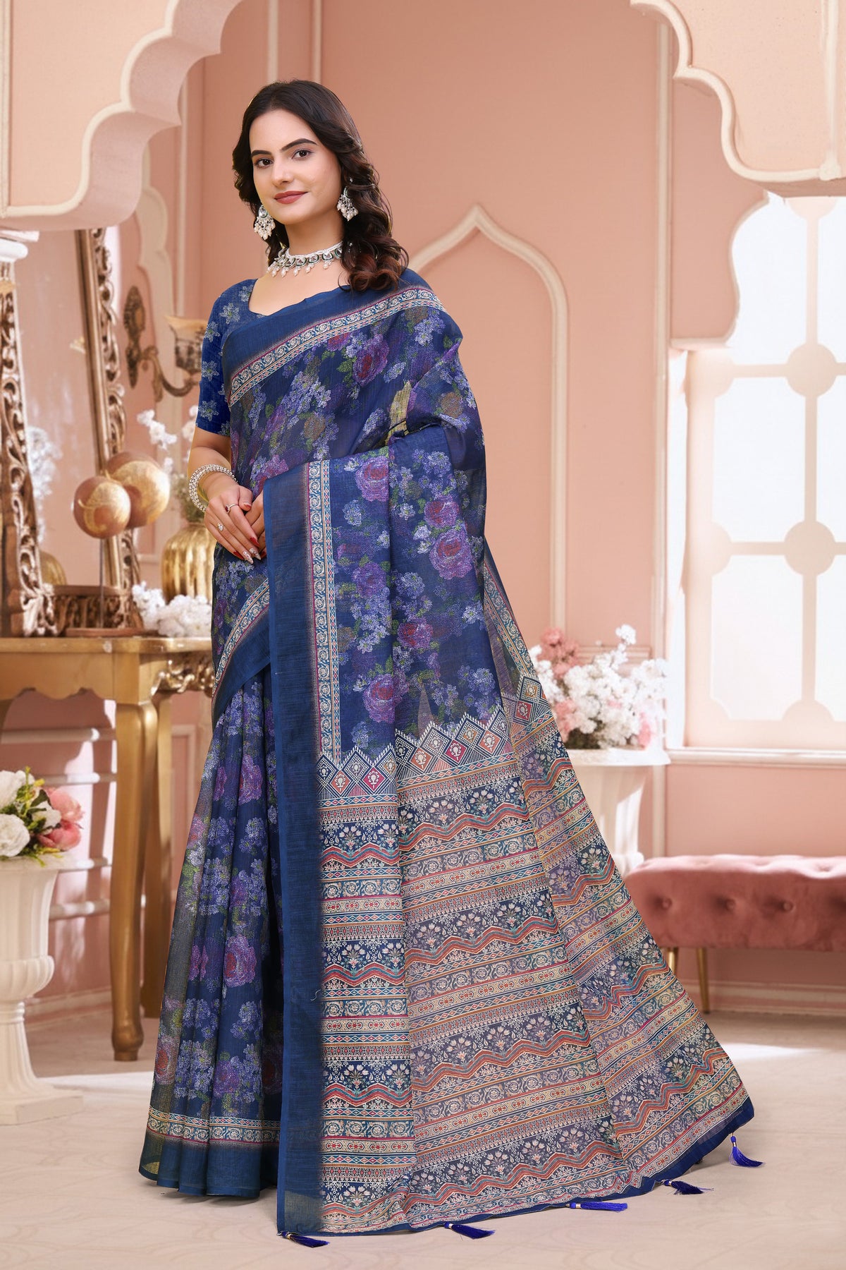 Navy Blue Floral Printed Linen Cotton Saree for Festive for Women
