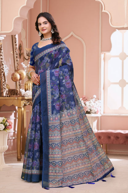 Navy Blue Floral Printed Linen Cotton Saree for Festive for Women