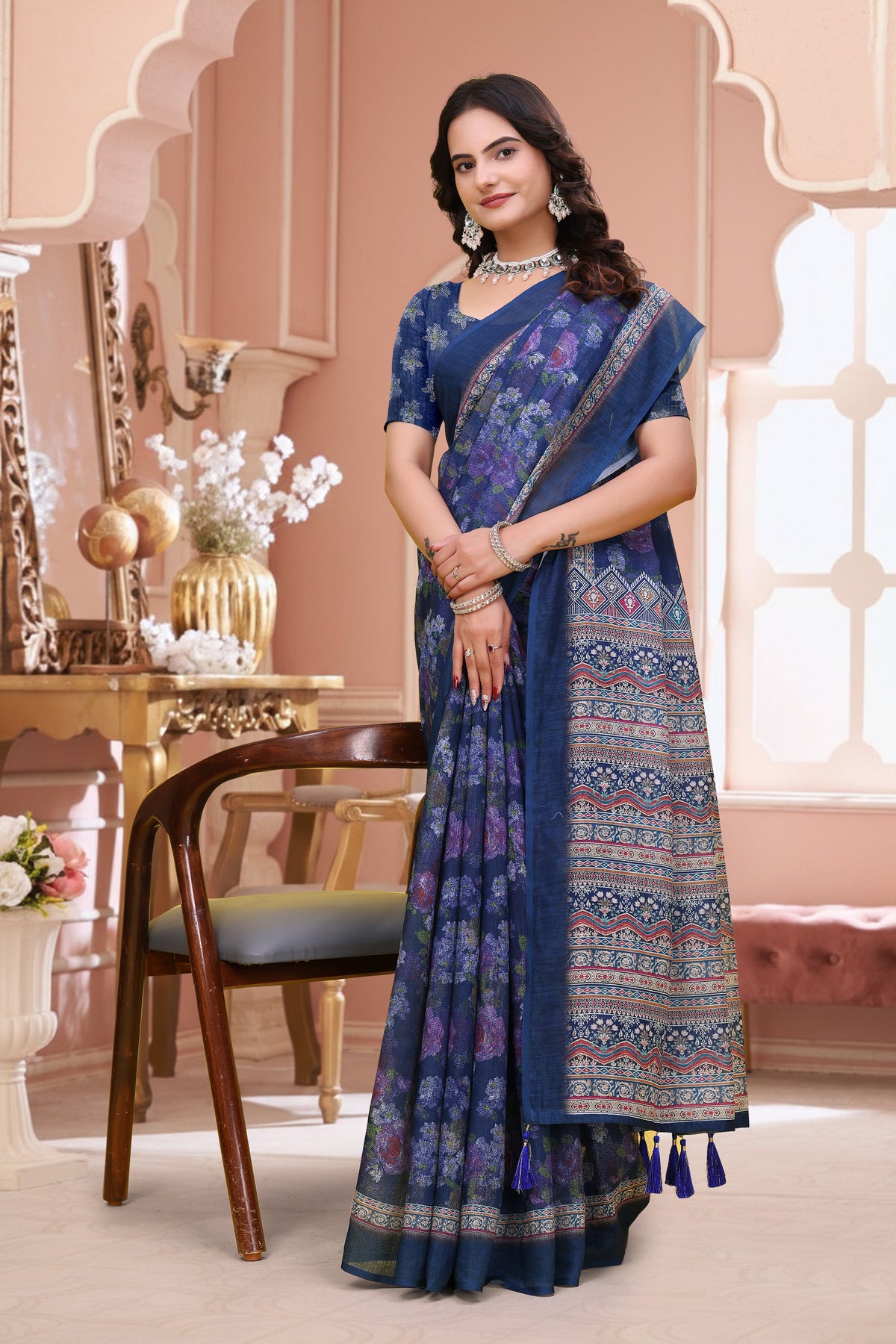 Navy Blue Floral Printed Linen Cotton Saree for Festive for Women