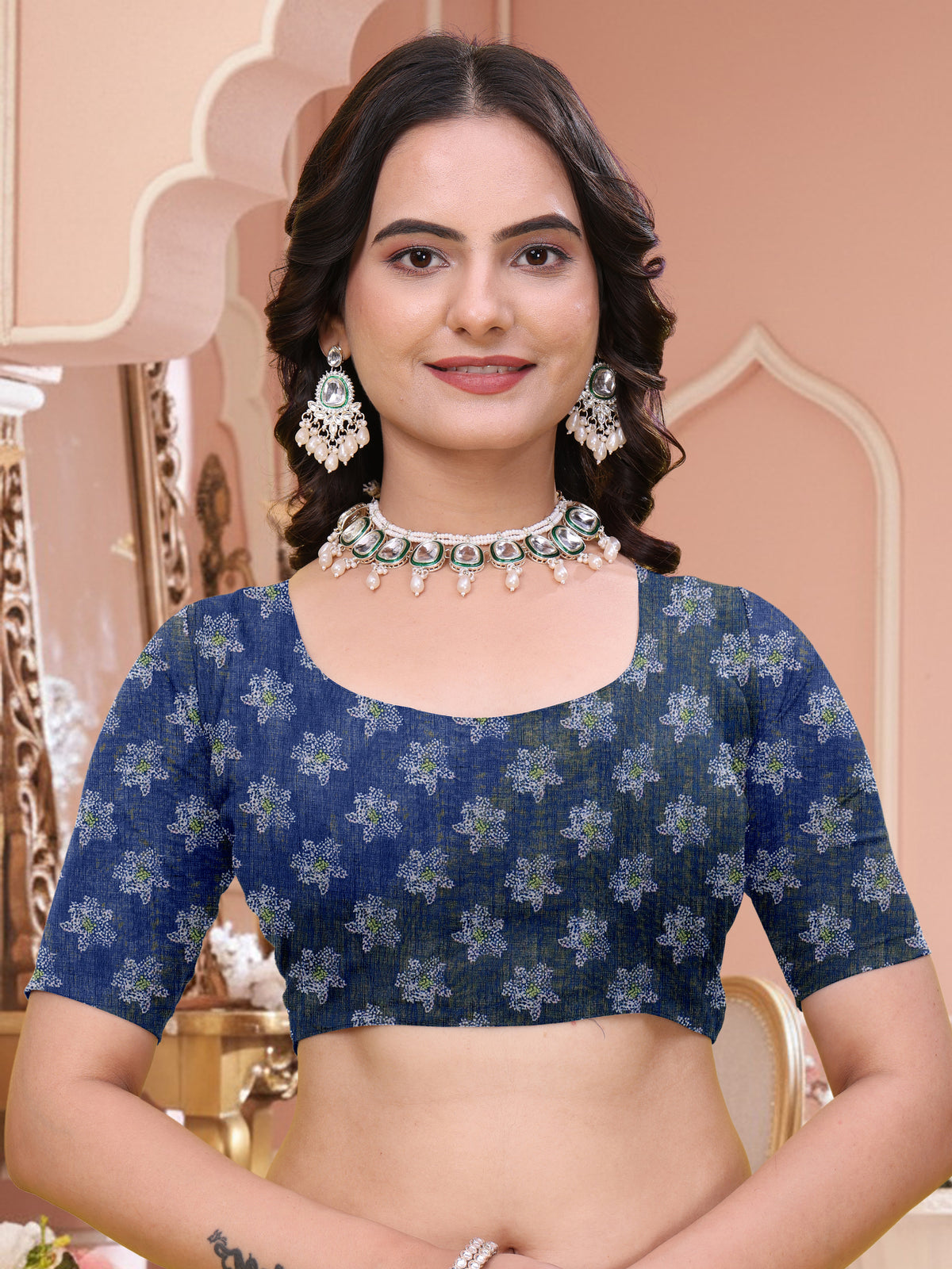 Navy Blue Floral Printed Linen Cotton Saree for Festive for Women
