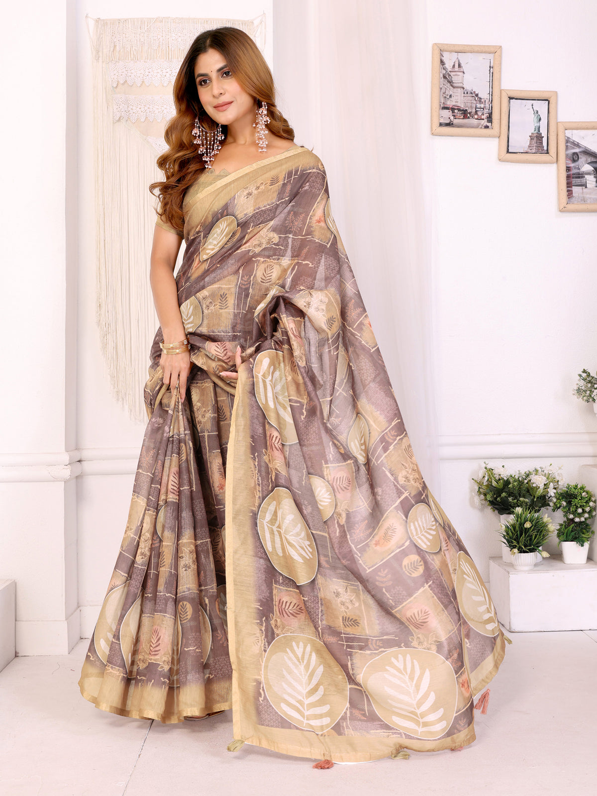 Beige Floral Chanderi Cotton Saree with Printed Borders for Women