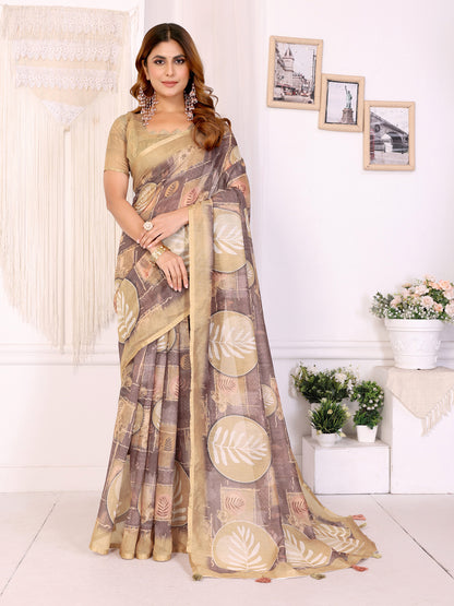 Beige Floral Chanderi Cotton Saree with Printed Borders for Women