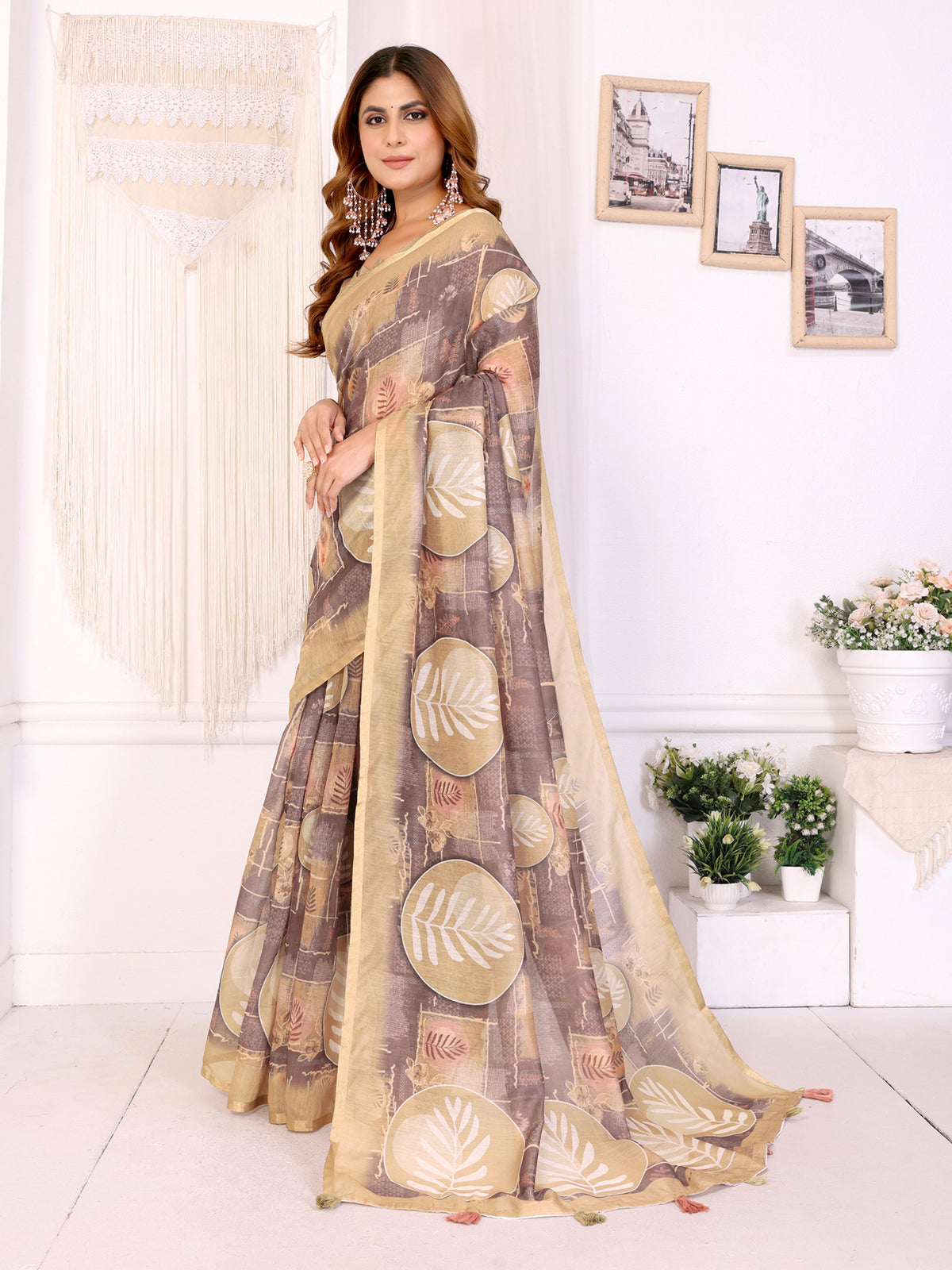 Beige Floral Chanderi Cotton Saree with Printed Borders for Women