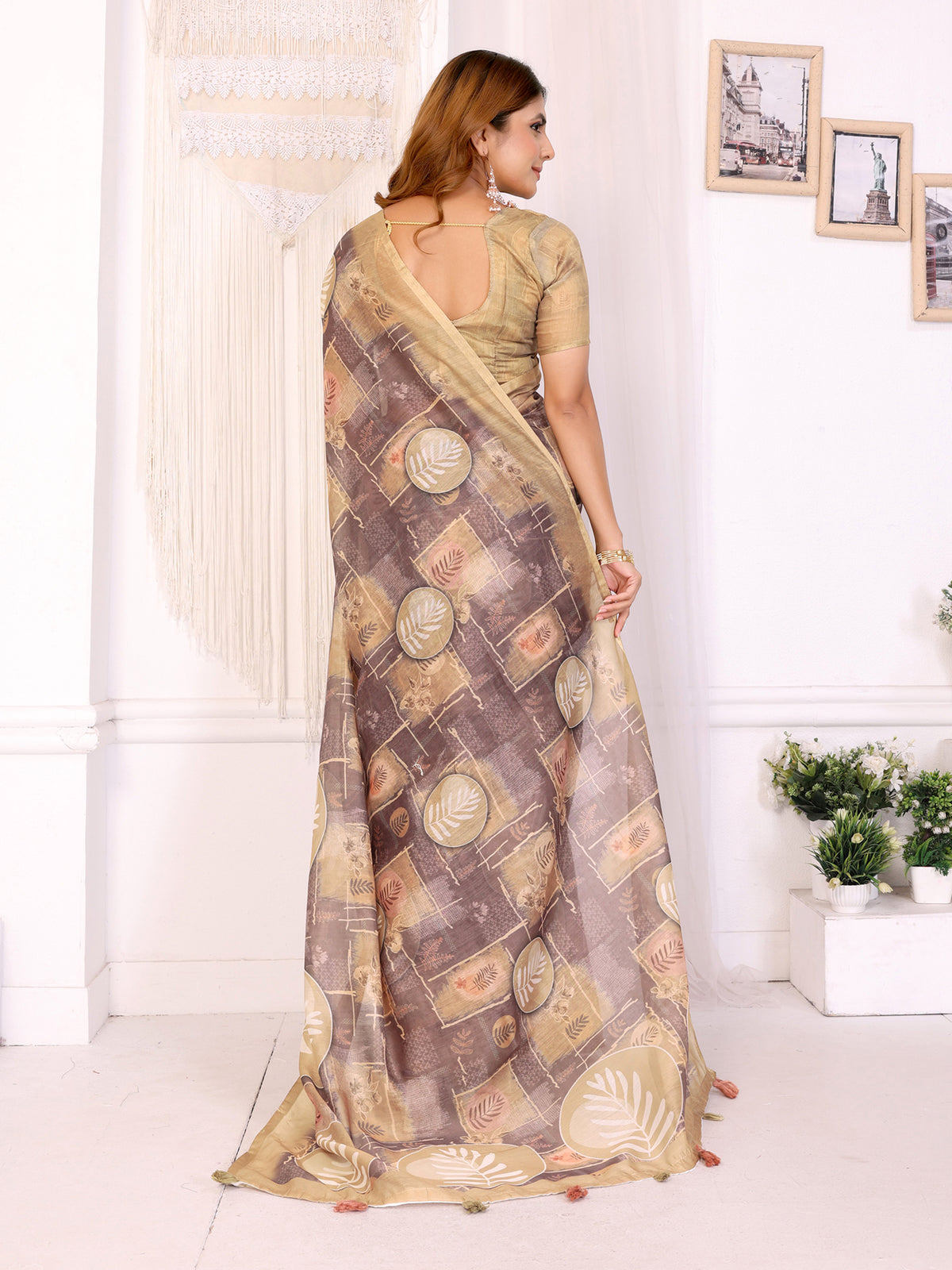 Beige Floral Chanderi Cotton Saree with Printed Borders for Women