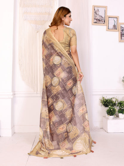 Beige Floral Chanderi Cotton Saree with Printed Borders for Women