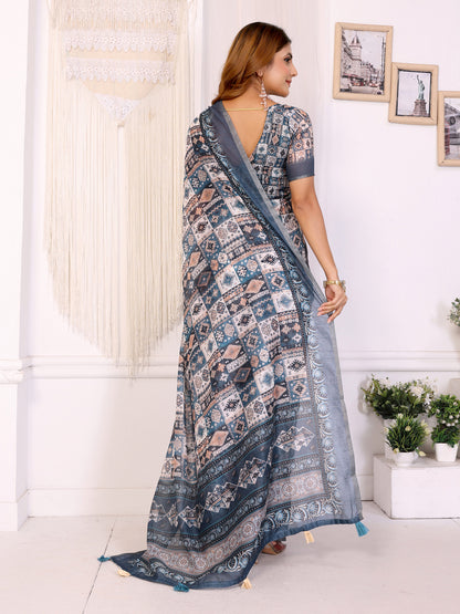 Ivory Chanderi Cotton Saree with Blue Ethnic Print Border for Women