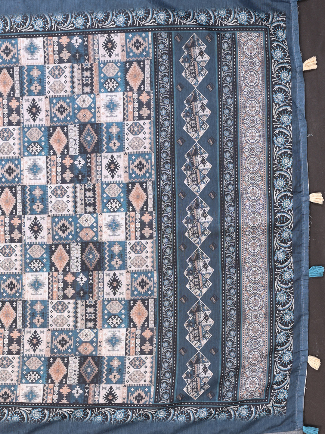 Ivory Chanderi Cotton Saree with Blue Ethnic Print Border for Women