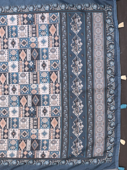 Ivory Chanderi Cotton Saree with Blue Ethnic Print Border for Women