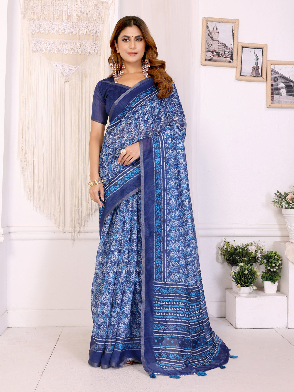 Pure Indigo Chanderi Cotton Saree with Floral Print Borders for Women
