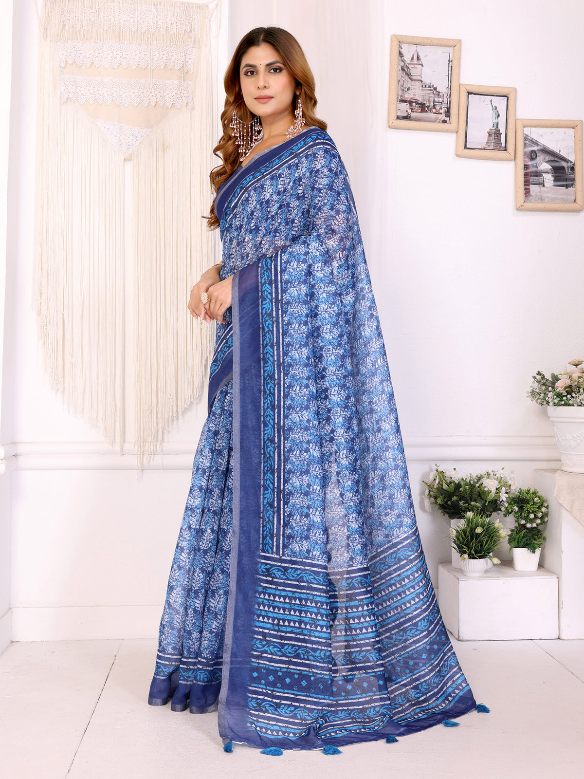 Pure Indigo Chanderi Cotton Saree with Floral Print Borders for Women