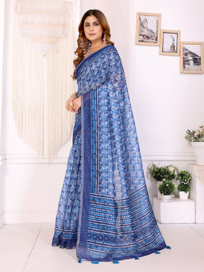 Pure Indigo Chanderi Cotton Saree with Floral Print Borders for Women