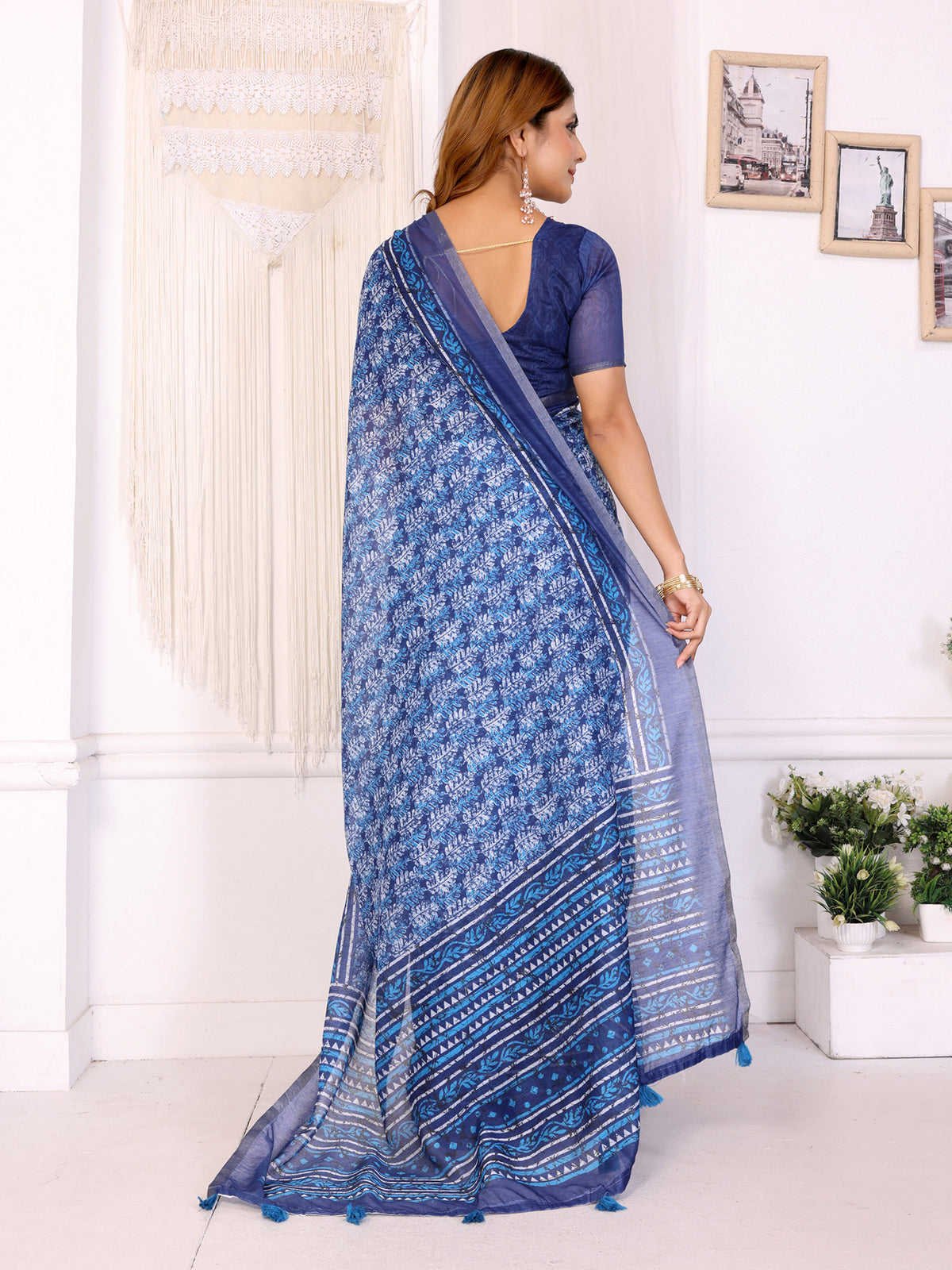Pure Indigo Chanderi Cotton Saree with Floral Print Borders for Women