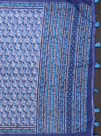 Pure Indigo Chanderi Cotton Saree with Floral Print Borders for Women