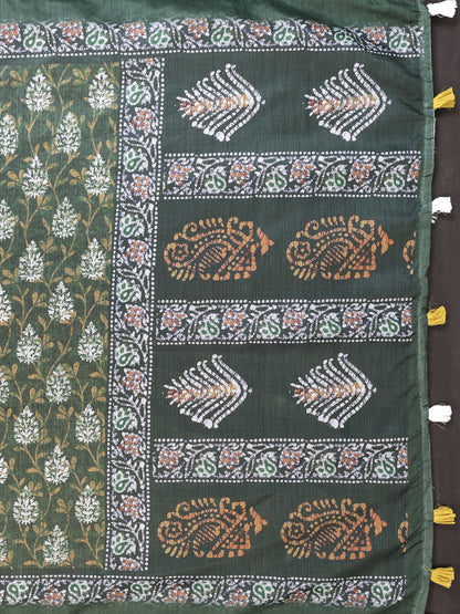 Olive Green Chanderi Cotton Botanical Print Saree for Women