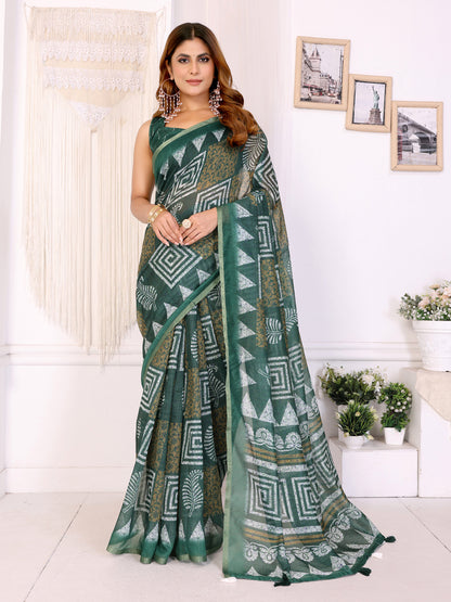 Forest Green Chanderi Cotton Geometric Print Saree Women for Women