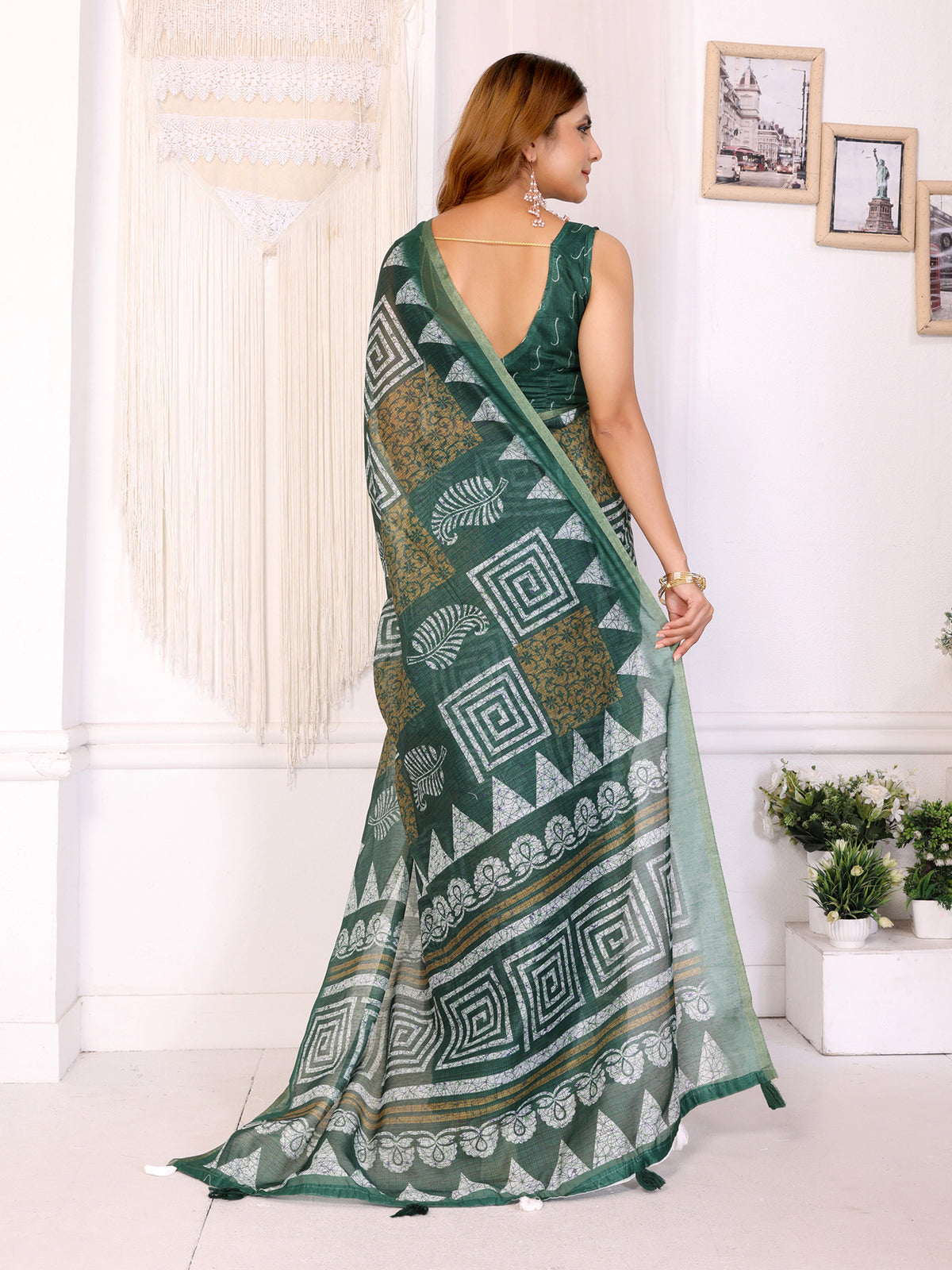Forest Green Chanderi Cotton Geometric Print Saree Women for Women