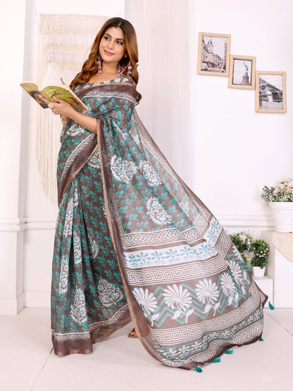 Mocha Brown Chanderi Cotton Floral Print Saree for Women