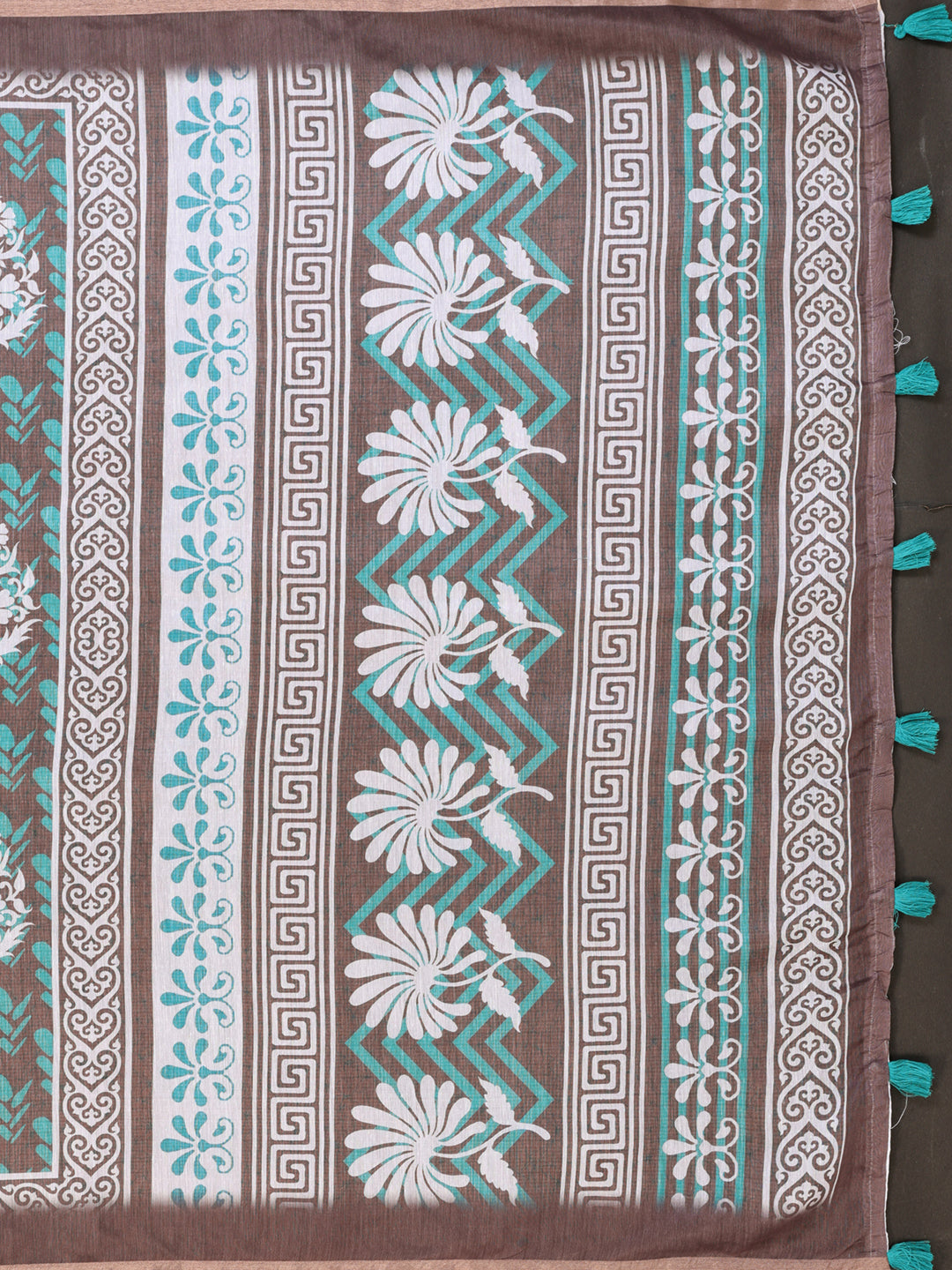 Mocha Brown Chanderi Cotton Floral Print Saree for Women