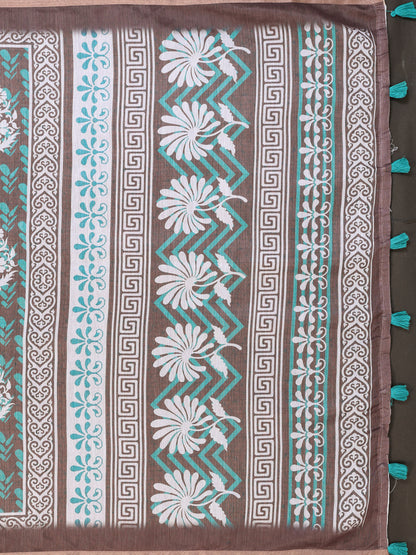 Mocha Brown Chanderi Cotton Floral Print Saree for Women