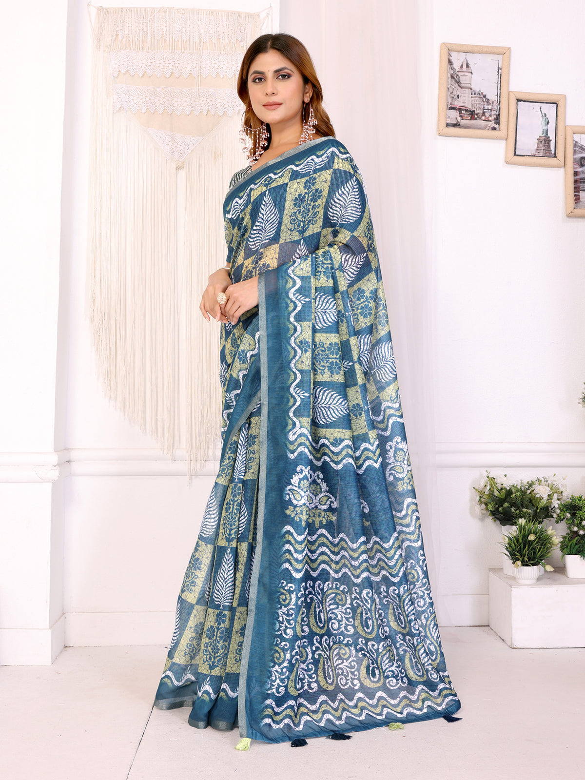 Stylish Chanderi Cotton Saree in Blue Green Printed Pattern for Women