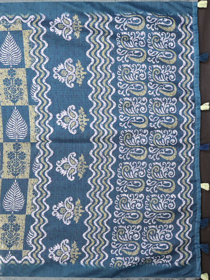 Stylish Chanderi Cotton Saree in Blue Green Printed Pattern for Women