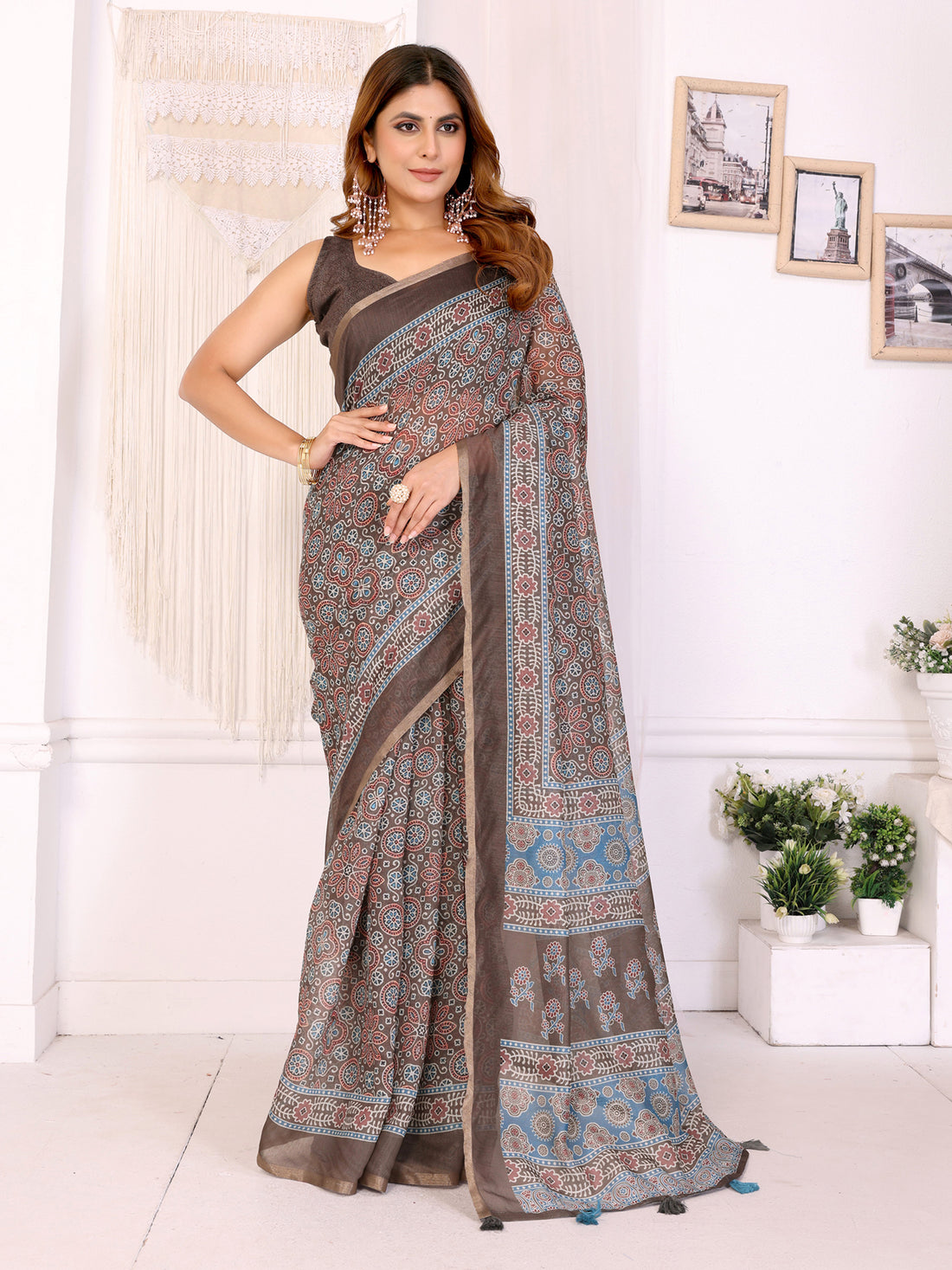 Mocha Brown Chanderi Cotton Floral Print Saree with Borders for Women